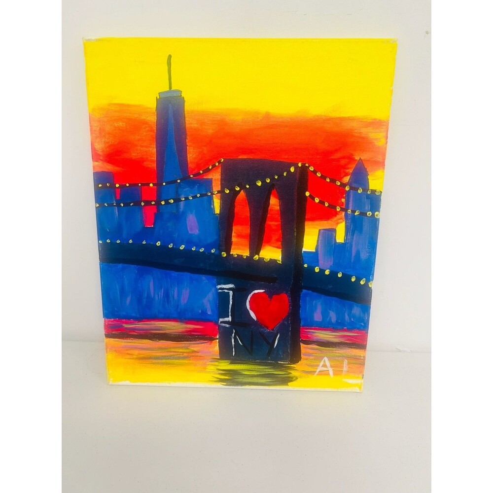 Original Acrylic Painting Brooklyn Bridge New York Sunset Cityscape